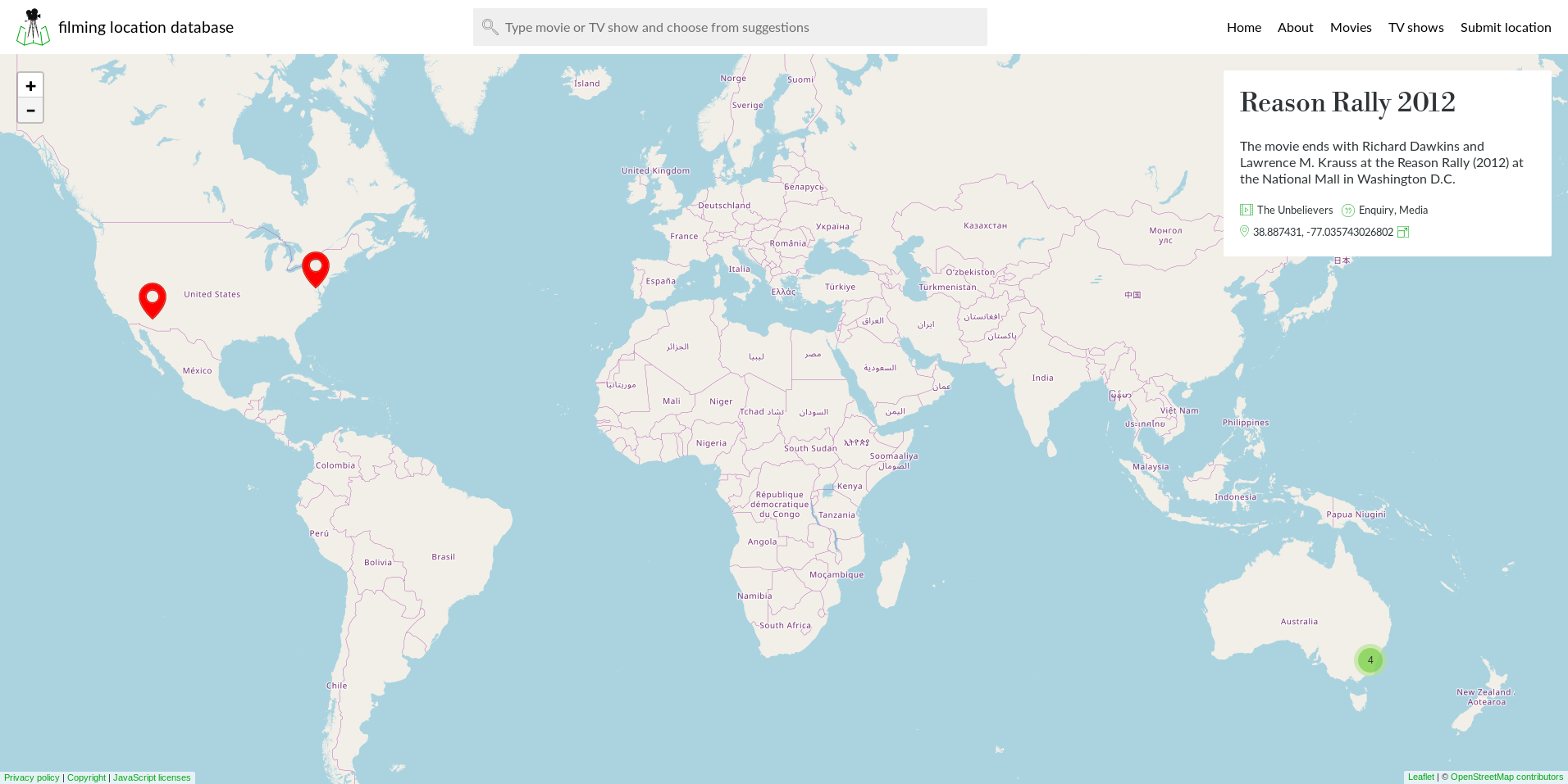 Screenshot of the filming location database